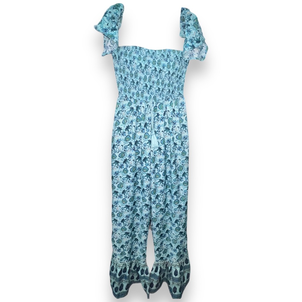 NEW BOG Collective Bright Blue Floral Cold Shoulder Flared Jumpsuit Womens Small